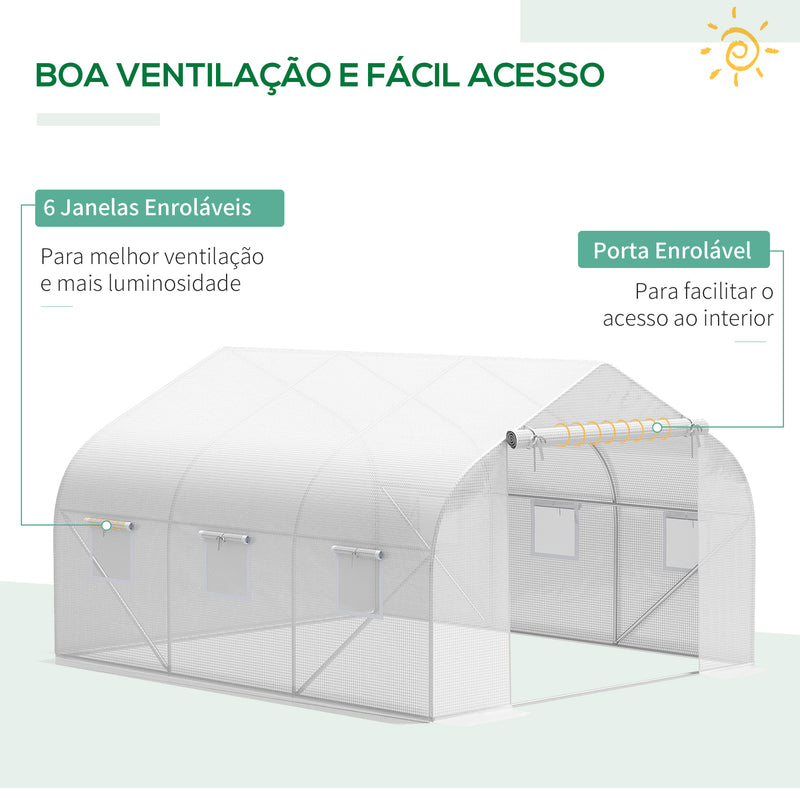 Cobertura de Estufa de Túnel 3,5x3x2m Cobertura de Substituição de Estufa Polietileno com 6 Janelas e Portas Enroláveis Proteção de Plantas para Jardim Branco