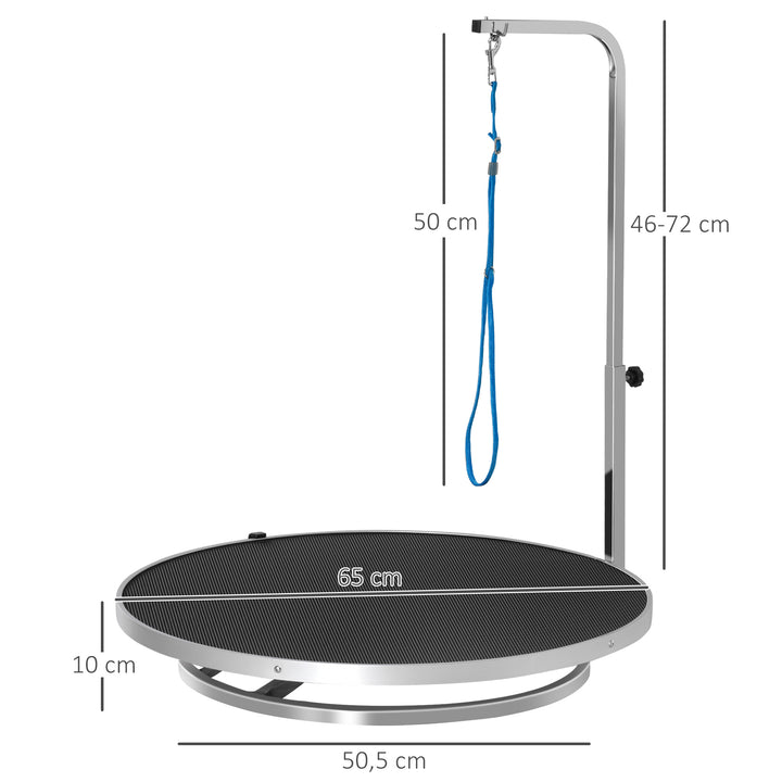 Mesa de tosquia para Animais de Estimação com Base Giratória Suporte Ajustável de 46-72cm Aço Inoxidável com Correia Ø65x10cm Preto