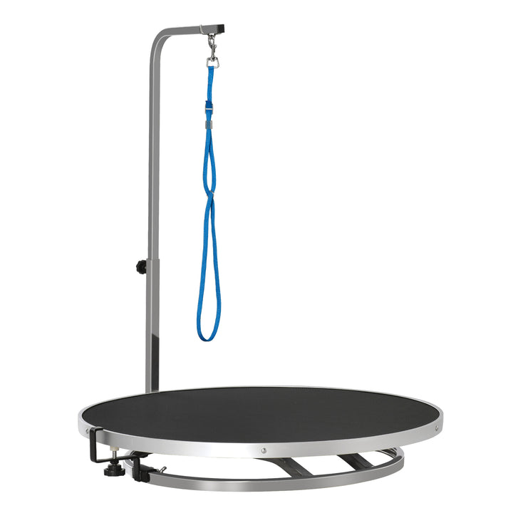 Mesa de tosquia para Animais de Estimação com Base Giratória Suporte Ajustável de 46-72cm Aço Inoxidável com Correia Ø65x10cm Preto