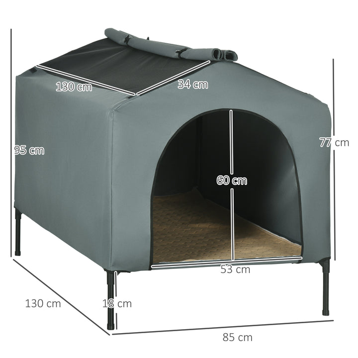 Casa para Cães com Cobertura Exterior 130x85x95 cm Cama Elevada para Animais de Estimação com Almofada e Janelas de Malha para Cães Grandes Cinza