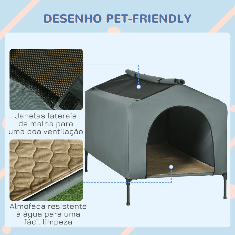 Casa para Cães com Cobertura Exterior 130x85x95 cm Cama Elevada para Animais de Estimação com Almofada e Janelas de Malha para Cães Grandes Cinza