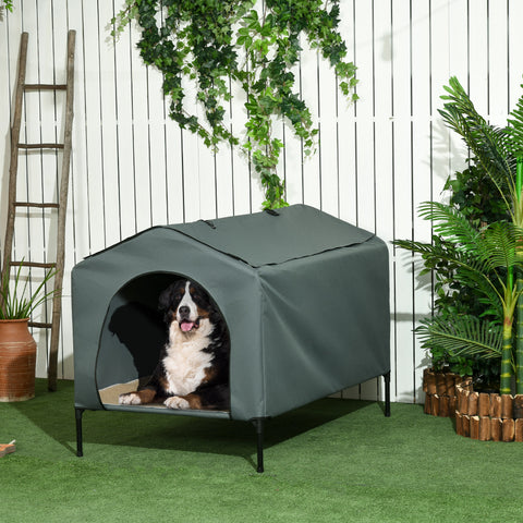 Casa para Cães com Cobertura Exterior 130x85x95 cm Cama Elevada para Animais de Estimação com Almofada e Janelas de Malha para Cães Grandes Cinza