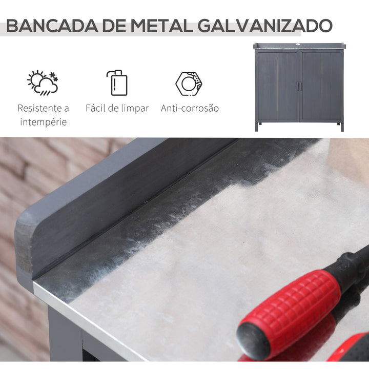 Armário de Jardim de Madeira com Mesa de Plantação Armário de Exterior com 2 Portas com Fechadura Magnética e 2 Prateleiras para Terraço Balcão 98x48x95,5cm Cinza