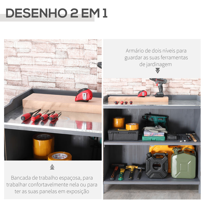 Armário de Jardim de Madeira com Mesa de Plantação Armário de Exterior com 2 Portas com Fechadura Magnética e 2 Prateleiras para Terraço Balcão 98x48x95,5cm Cinza