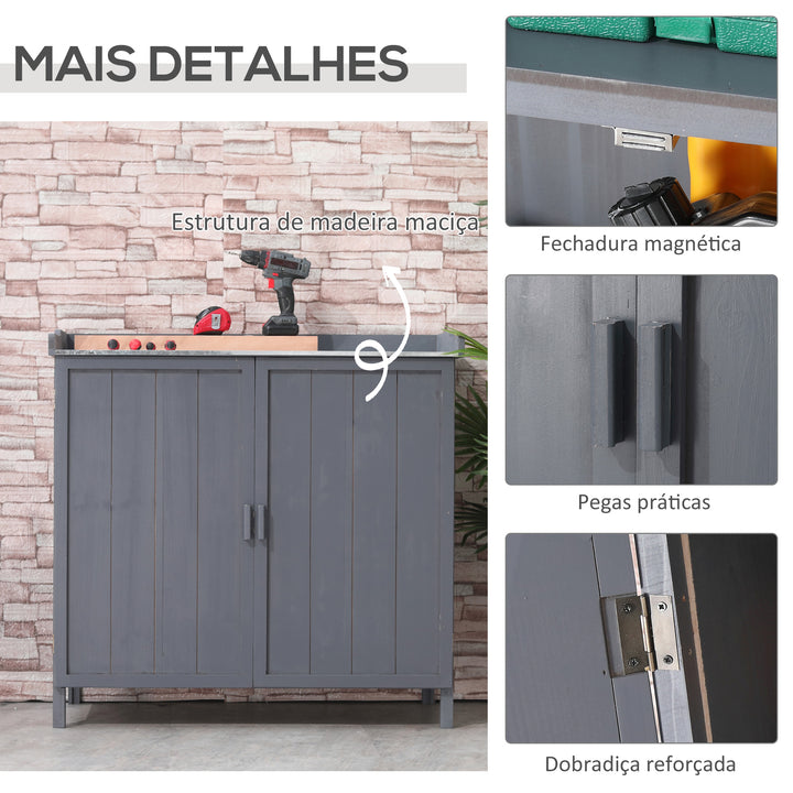 Armário de Jardim de Madeira com Mesa de Plantação Armário de Exterior com 2 Portas com Fechadura Magnética e 2 Prateleiras para Terraço Balcão 98x48x95,5cm Cinza