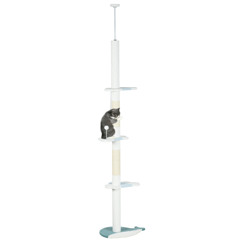 Arranhador para Gatos de 255 cm Torre para Gatos do Chão do Teto com Altura Ajustável 3 Plataformas em Forma de Onda Postes de Arranhar e 1 Bola 55x38x225-255 cm Branco