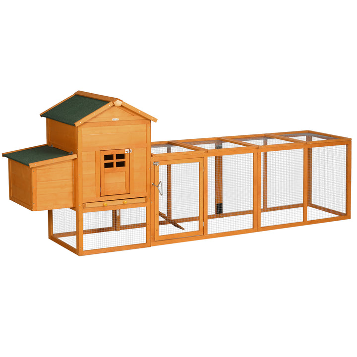 Galinheiro de Madeira 297,5x68x118cm Galinheiro Grande para 3-6 Galinhas com Teto Asfáltico Cercado de Metal Porta com Trava Caixa Ninho Bandeja Amovível e Rampa Madeira
