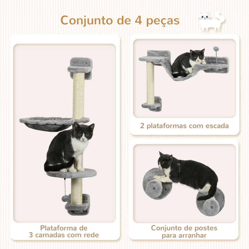 Prateleiras de Escalada para Gatos de Parede Conjunto de Prateleiras para Gatos 4 Peças com Rede Bola Plataformas de Saltar Poste de Sisal e Escada 84,5x19x54 cm Cinza e Bege