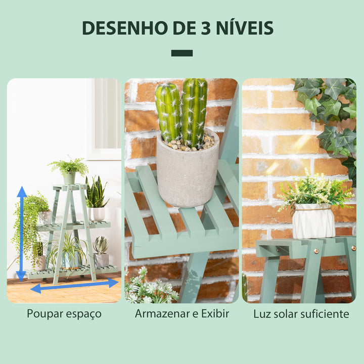Suporte de Madeira para Plantas Suporte para Flores de 3 Níveis Prateleira Decorativa de Plantas para Interior Exterior 46x26x76cm Verde