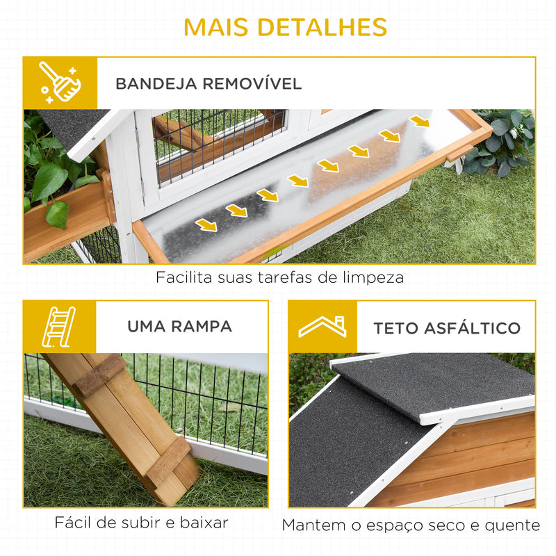 Coelheira de Madeira de Exterior Gaiola para Coelhos de 2 Níveis com Teto Asfáltico Cerca de Metal Floreira para Cultivo Bandeja Removível Portas e Rampa 123x58x106cm Madeira