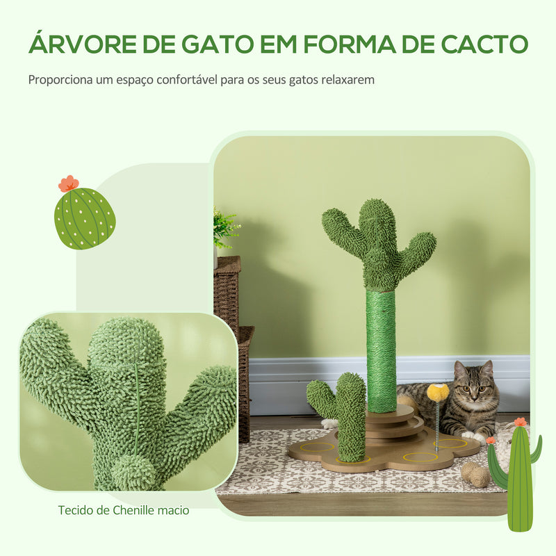 Árvore Arranhador para Gatos Pequenos com Postes de Cacto Altura 60cm Torre para Gatos de Chenille com Brinquedos 46x43x60cm Verde