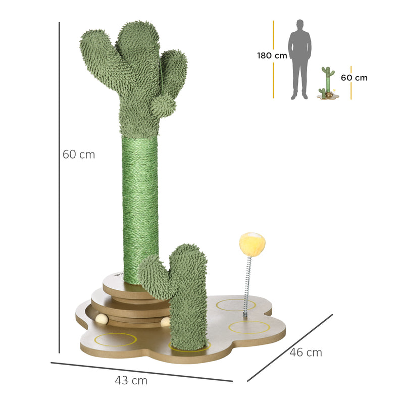 Árvore Arranhador para Gatos Pequenos com Postes de Cacto Altura 60cm Torre para Gatos de Chenille com Brinquedos 46x43x60cm Verde