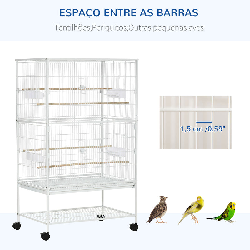 Gaiola para Pássaros com Rodas 78x52x132cm Gaiola para Pássaros Metálica com Bandeja Amovível 4 Portas 4 Comedouros 4 Poleiros e Prateleira de Armazenamento para Canários Periquitos Branco