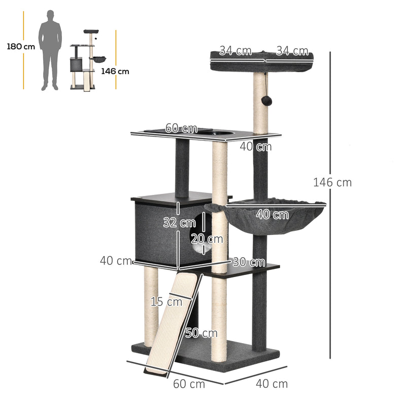 Árvore para Gatos Grande Altura 146cm com Plataformas Caverna de Feltro Removível Postes Arranhadores de Sisal Rede Almofadas Laváveis Rampa e Bola de Brinquedo 60x40x146cm Cinza Escuro