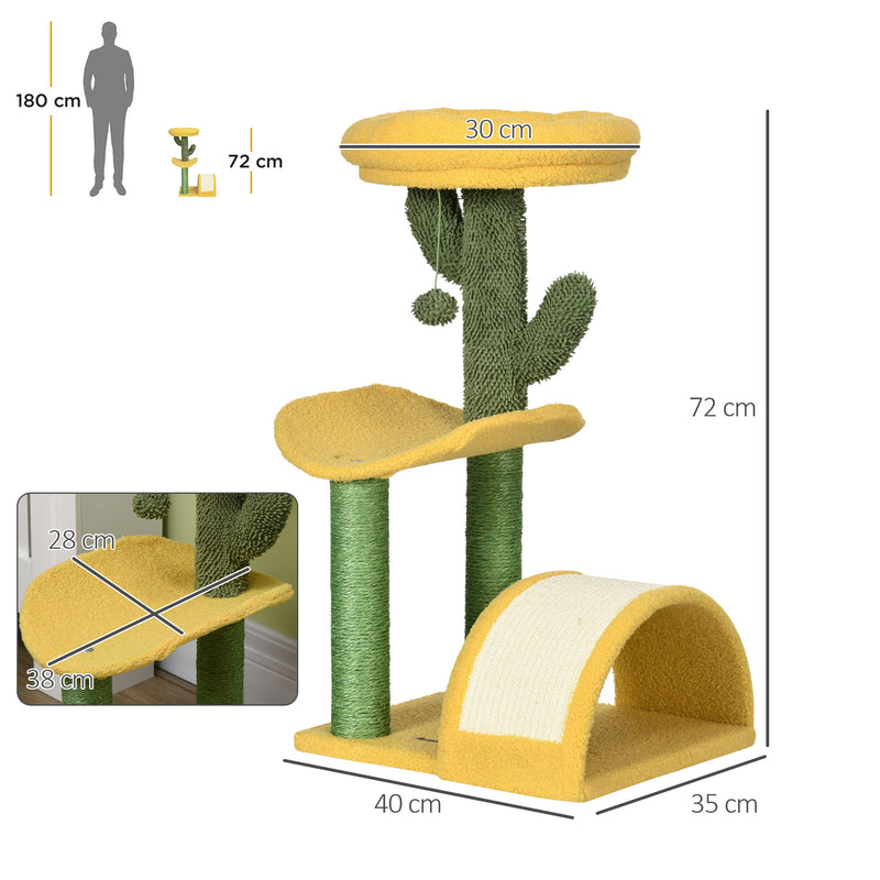 Árvore Arranhador para Gatos de 72cm Torre para Gatos Centro de Atividades com Cama Poste de Sisal e Bolsa Suspensa 40x35x72cm Amarelo e Verde