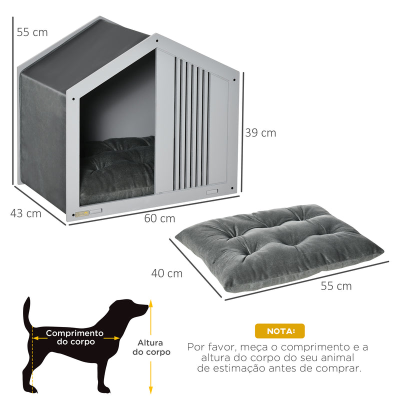 Casa de Madeira para Cães Pequenos Casa para Animais de Estimação Interior com Almofada Acolchoada Grossa Cobertura de Tecido Oxford Removível e Ventilações 60x43x55 Cinza