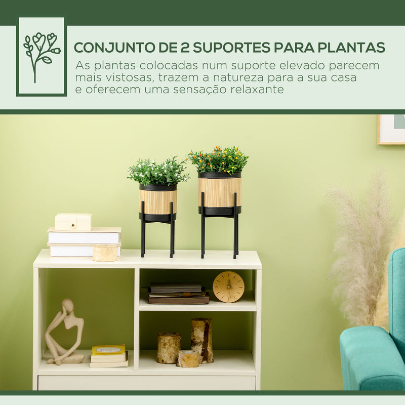 Conjunto de 2 Suportes para Plantas de Metal Revestido em Junco Suporte para Vasos de Plantas Redondos para Sala de Estar Cozinha Dormitório Ø16x30 cm e Ø14x25,5 cm Preto