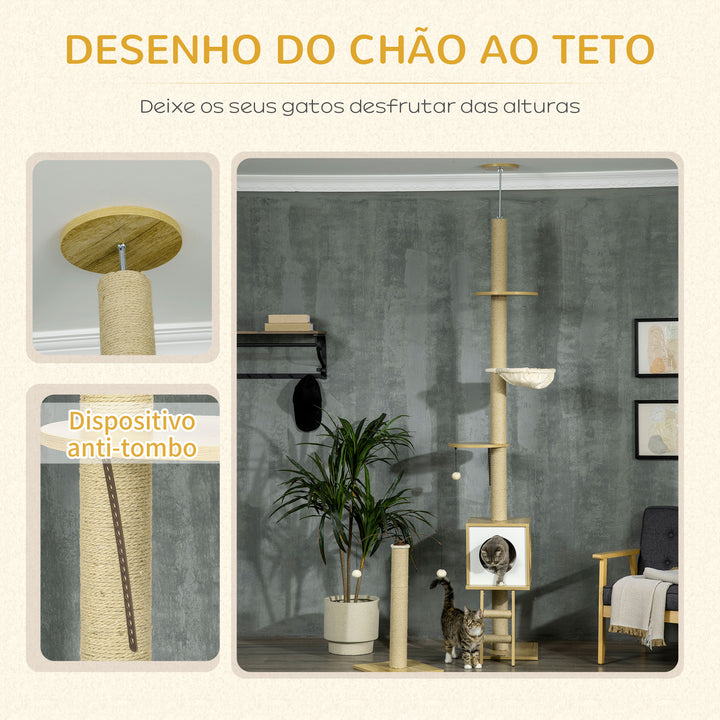 Árvore para Gatos do Chão ao Teto 220-260cm Árvore Arranhador para Gatos com Altura Ajustável Plataformas Rede Caverna Poste de Juta Rampa e Bolas Suspensas 40x40225-285cm Bege