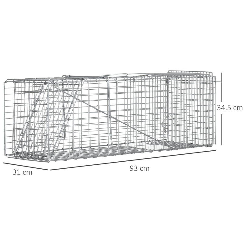 Armadilha para Animais Vivos Dobrável 93x31x34,5 cm Gaiola de Captura com Porta e Alça para Coelhos Roedores Prata