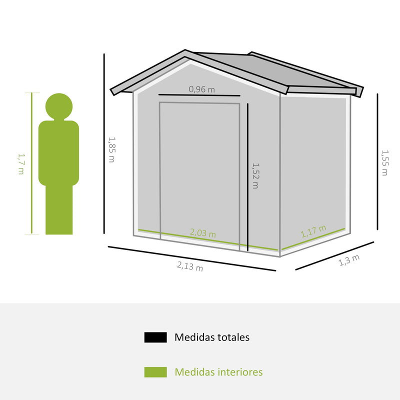 Barracão de Jardim Armário Exterior de Metal para Guardar Ferramentas Base Incluída, 4 Janelas 213x127x185cm Aço