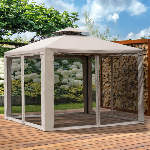 Pérgola de Jardim 3x3m Pérgola de Exterior com Duplo Teto de Ventilação 4 Cortinas Laterais 4 Orifícios de Drenagem e 4 Telas Mosquiteiras com Zíper para Festas Pátio Marrom Cáqui