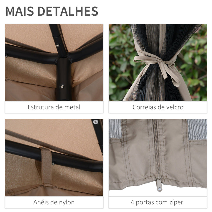 Pérgola de Jardim 3x3m Pérgola de Exterior com Duplo Teto de Ventilação 4 Cortinas Laterais 4 Orifícios de Drenagem e 4 Telas Mosquiteiras com Zíper para Festas Pátio Marrom Cáqui