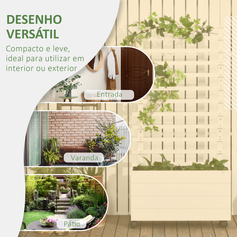 Floreira com Treliça de Madeira Maciça com 4 Rodas Caixa de Plantio com Suporte para Plantas Trepadeiras e Malha Geotêxtil para Cultivos de Plantas Flores 76x30x155 cm Branco