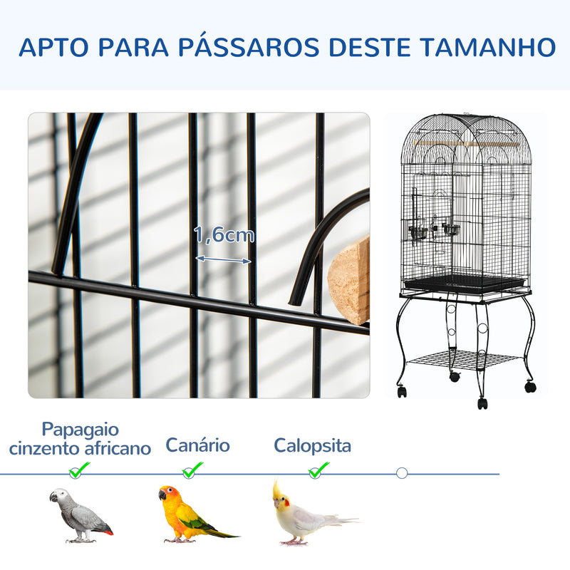 Gaiola para Pássaros com Suporte e Rodas Gaiola Grande de Metal com Bandeja Amovível e 2 Tigelas para Papagaios Piriquito 51x51x153 cm Preto