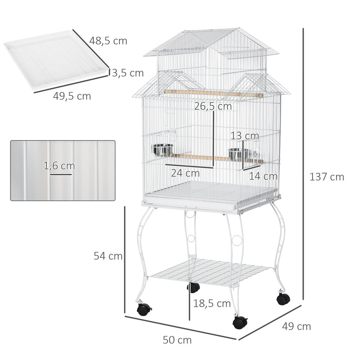Gaiola para Pássaros com Rodas Gaiola Grande com Suporte 50x49x137cm com Bandeja Amovível Portas Comedouro Poleiro e Prateleira Inferior para Canários Periquitos Branco