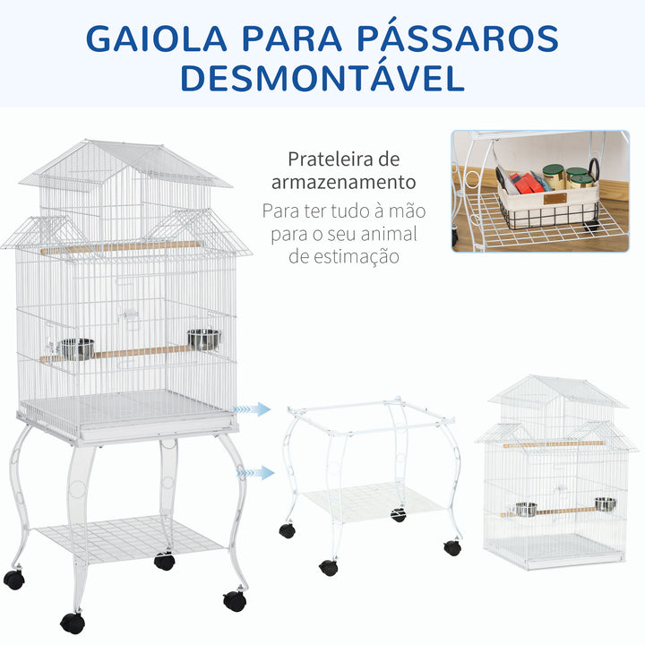 Gaiola para Pássaros com Rodas Gaiola Grande com Suporte 50x49x137cm com Bandeja Amovível Portas Comedouro Poleiro e Prateleira Inferior para Canários Periquitos Branco