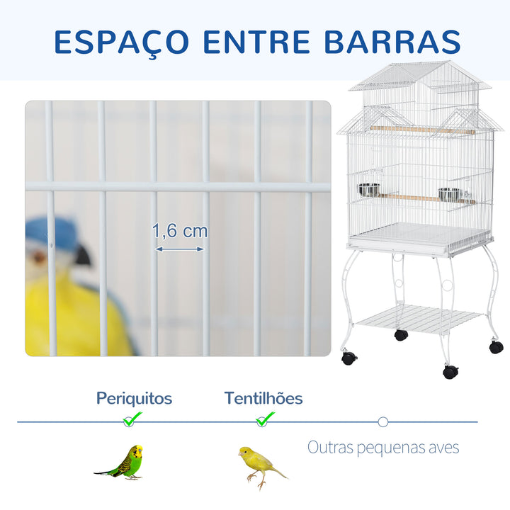 Gaiola para Pássaros com Rodas Gaiola Grande com Suporte 50x49x137cm com Bandeja Amovível Portas Comedouro Poleiro e Prateleira Inferior para Canários Periquitos Branco