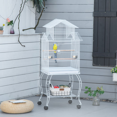 Gaiola para Pássaros com Rodas Gaiola Grande com Suporte 50x49x137cm com Bandeja Amovível Portas Comedouro Poleiro e Prateleira Inferior para Canários Periquitos Branco