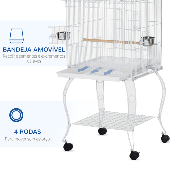 Gaiola para Pássaros com Rodas Gaiola Grande com Suporte 50x49x137cm com Bandeja Amovível Portas Comedouro Poleiro e Prateleira Inferior para Canários Periquitos Branco