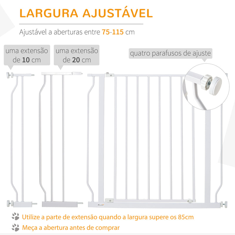 Barreira de Segurança para Cães Extensível para Escadas e Portas 75-115cm com 2 Extensões e 10-20cm Montagem a Pressão Aço Altura 76cm Branco