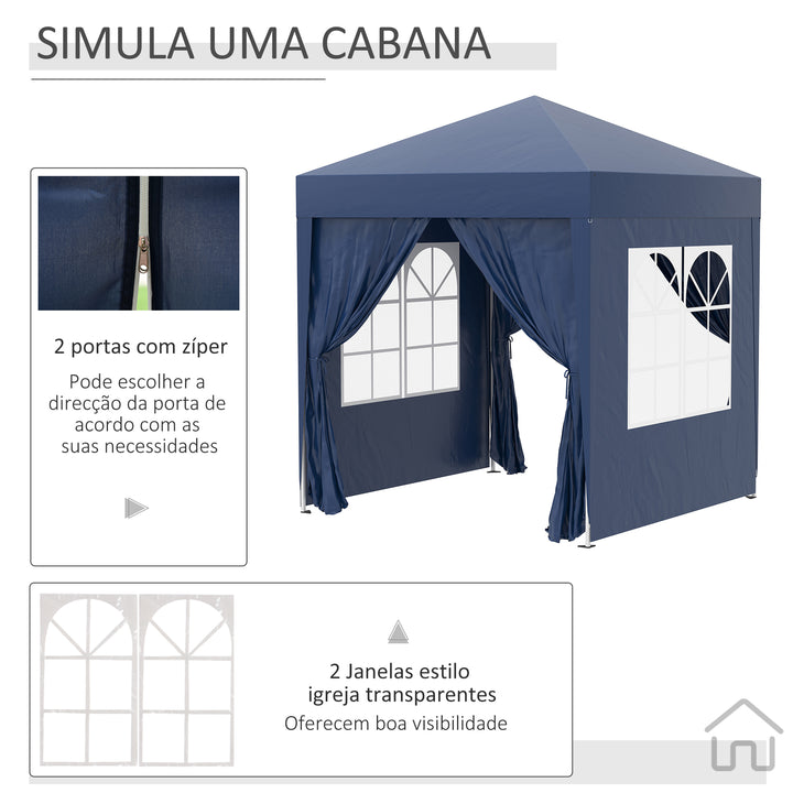 Tenda Dobrável 2x2 m Tenda de Jardim com 4 Paredes Laterais Tecido Oxford 2 Portas 2 Janelas e Bolsa de Transporte para Exterior Terraço Campismo Festas Azul