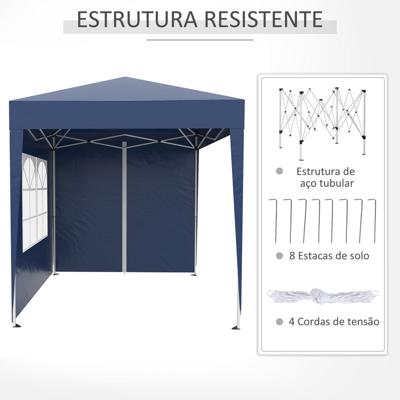 Tenda Dobrável 2x2 m Tenda de Jardim com 4 Paredes Laterais Tecido Oxford 2 Portas 2 Janelas e Bolsa de Transporte para Exterior Terraço Campismo Festas Azul