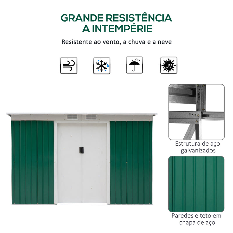 Barracão de jardim tipo galpão de metal para armazenamento de ferramentas 277x130x173cm Aço verde