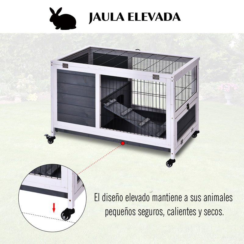 Coelheira de madeira gaiola para pequenos animais de estimação portátil com telhado de abertura rampa de bandeja removível para cobaias 90x53x59 cm cinza e branco