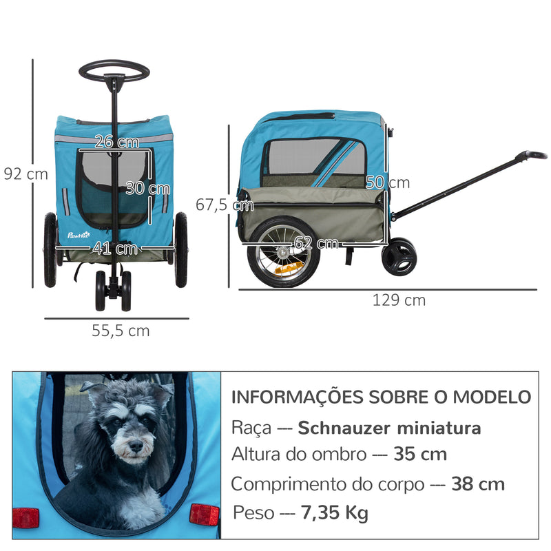 Reboque de Bicicleta para Cães 2 em 1 Carrinho para Animais de Estimação com Cinto de Segurança Guiador de Empurre Removível Bandeira e Refletores Carga Máxima 10kg 129x55,5x92cm Azul