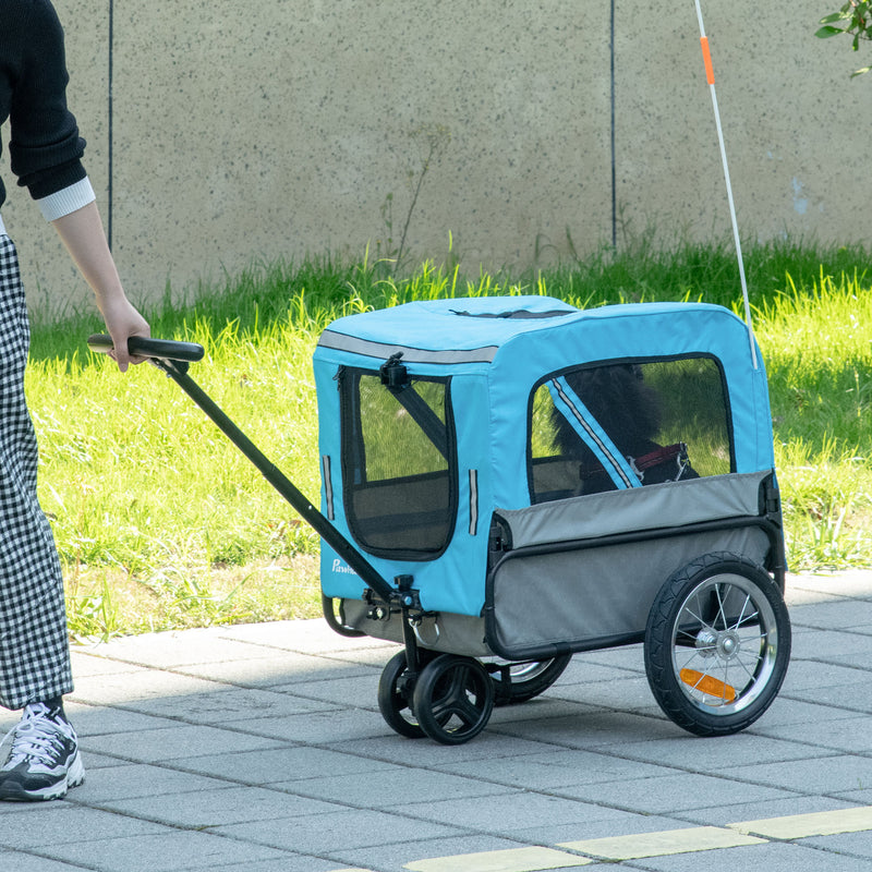 Reboque de Bicicleta para Cães 2 em 1 Carrinho para Animais de Estimação com Cinto de Segurança Guiador de Empurre Removível Bandeira e Refletores Carga Máxima 10kg 129x55,5x92cm Azul