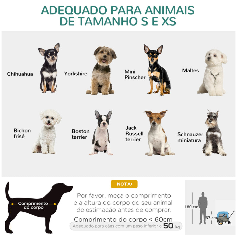 Reboque de Bicicleta para Cães 2 em 1 Carrinho para Animais de Estimação com Cinto de Segurança Guiador de Empurre Removível Bandeira e Refletores Carga Máxima 10kg 129x55,5x92cm Azul