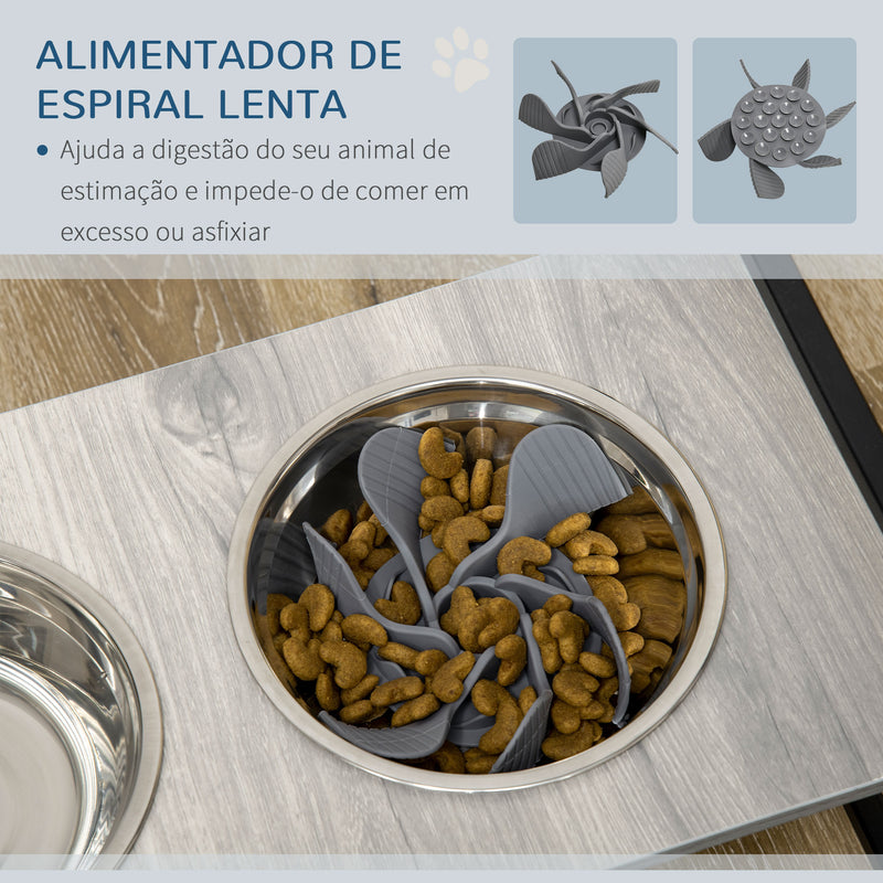 Comedouro Elevado para Cães com Altura Ajustável Comedouro para Cães com 2 Tigelas de 1100ml de Aço Inoxidável Tapete e Alimentador Lento 60x33x10-31,5cm Cinza