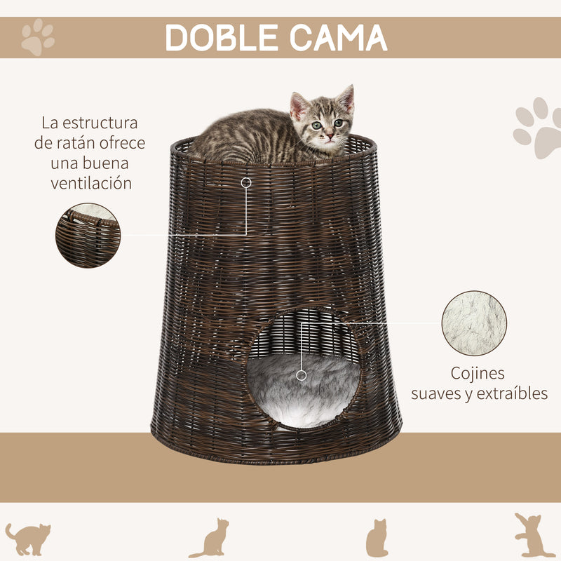 Cesta de Vime para Gatos Cama Caverna de 2 Níveis com Almofadas Laváveis Ø45x50cm Marrom