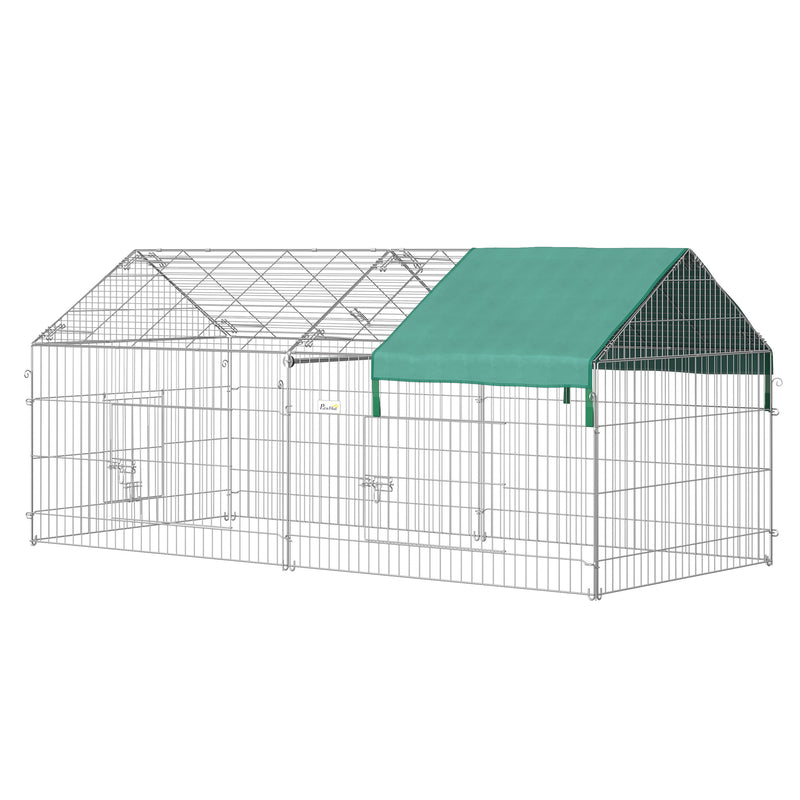 Gaiola para Animais de Estimação Pequenos 220x103x103cm Gaiola para Coelhos e Galinhas com 2 Portas e Proteção Solar para Exterior Jardim Pátio Prata e Verde