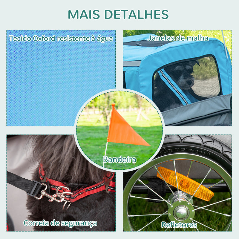 Reboque de Bicicleta para Cães 2 em 1 Carrinho para Animais de Estimação com Cinto de Segurança Guiador de Empurre Removível Bandeira e Refletores Carga Máxima 10kg 129x55,5x92cm Azul