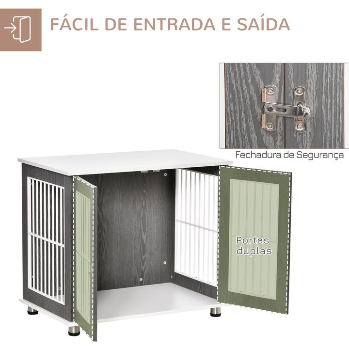 Gaiola para Cães de Madeira Mesa Auxiliar com Bancada de Armazenamento 2 Portas com Fechadura e Grades de Aço Gaiola para Cães de Interior 85x55x75cm Cinza