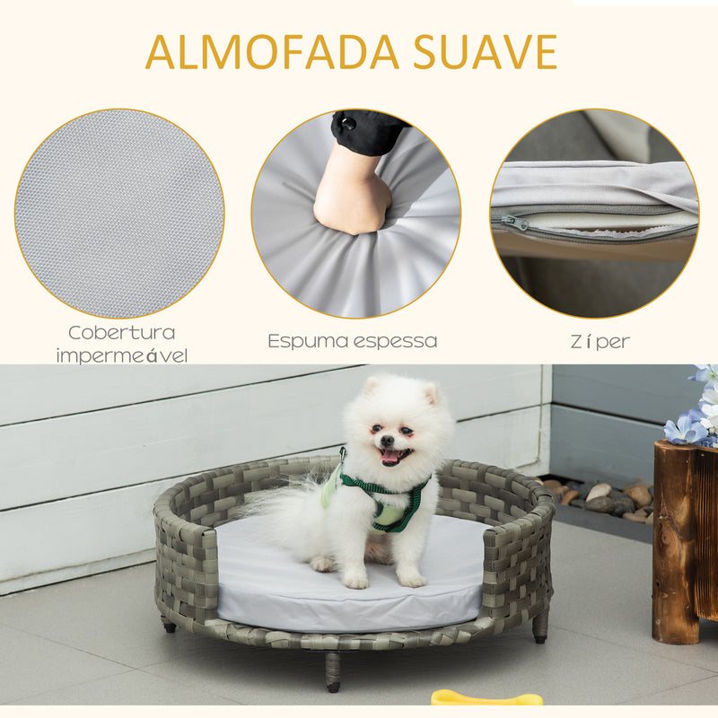 Sofá Cama para Cães e Gatos de Vime PE Cama Elevada Redonda para Animais de Estimação com Almofada Suave Lavável para Interior e Exterior 60x60x20cm Cinza