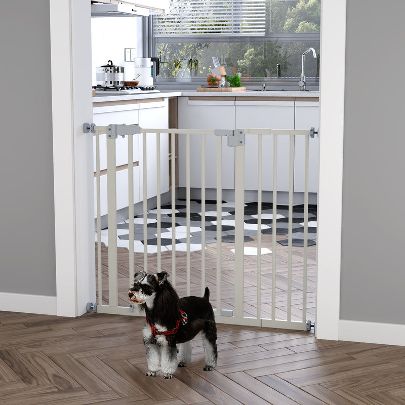 Barreira metálica de segurança para Animais de estimação Cães com extensões de 17,5 cm Sistema de fechamento automático 74,5-84,5x76,2 cm Branco