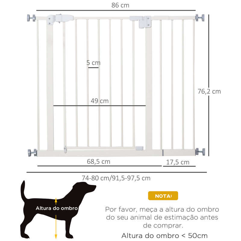 Barreira metálica de segurança para Animais de estimação Cães com extensões de 17,5 cm Sistema de fechamento automático 74,5-84,5x76,2 cm Branco