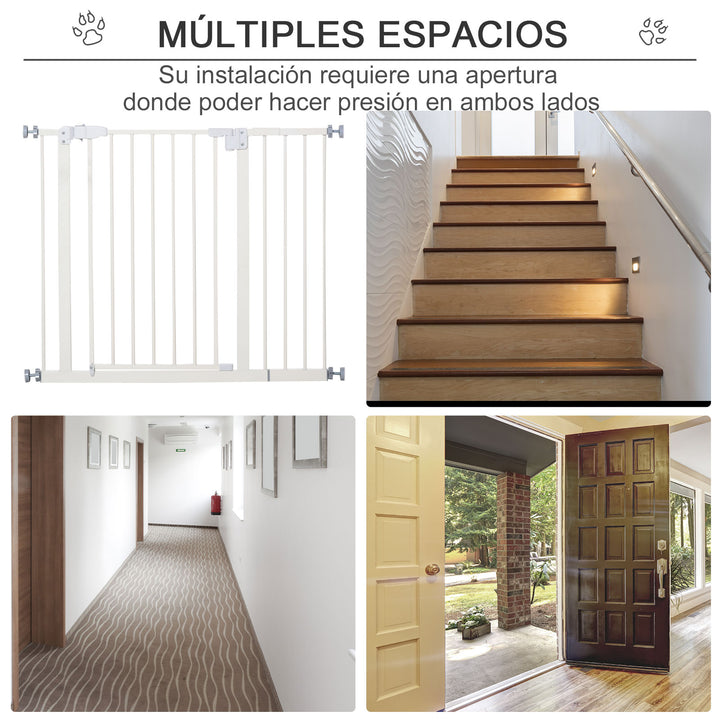 Barreira metálica de segurança para Animais de estimação Cães com extensões de 17,5 cm Sistema de fechamento automático 74,5-84,5x76,2 cm Branco